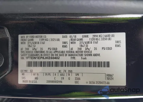 2018 Ford F-150 Xlt z USA, uszkodzony, nr VIN 1FTEW1EP8JKE60402